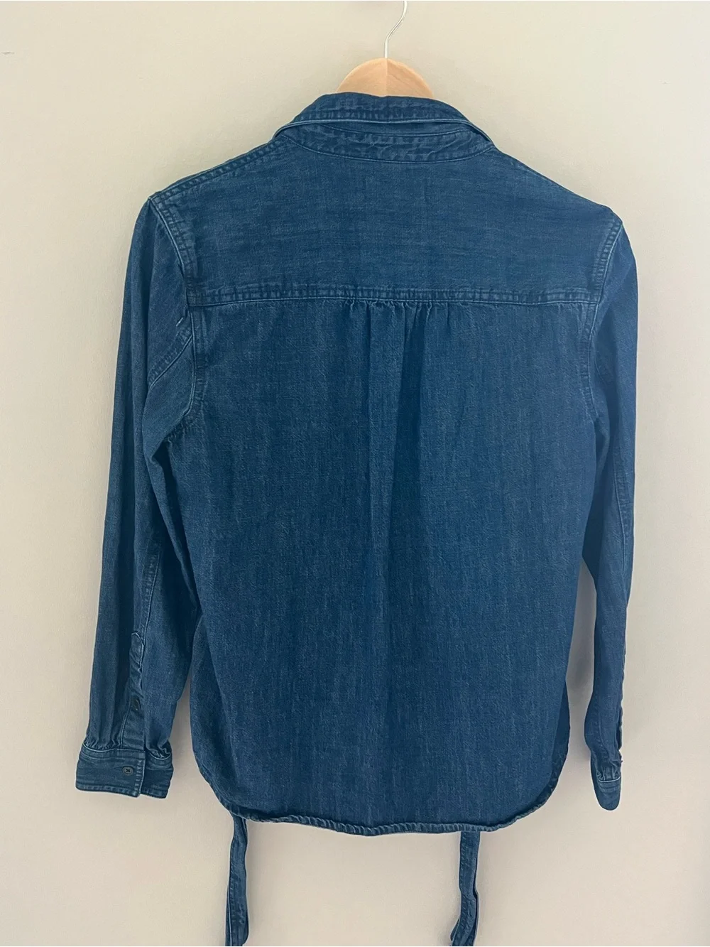 Madewell Tie-Neck Chambray Denim Button-Down Shirt Blouse Medium Blue Stretch - Picture 9 of 14